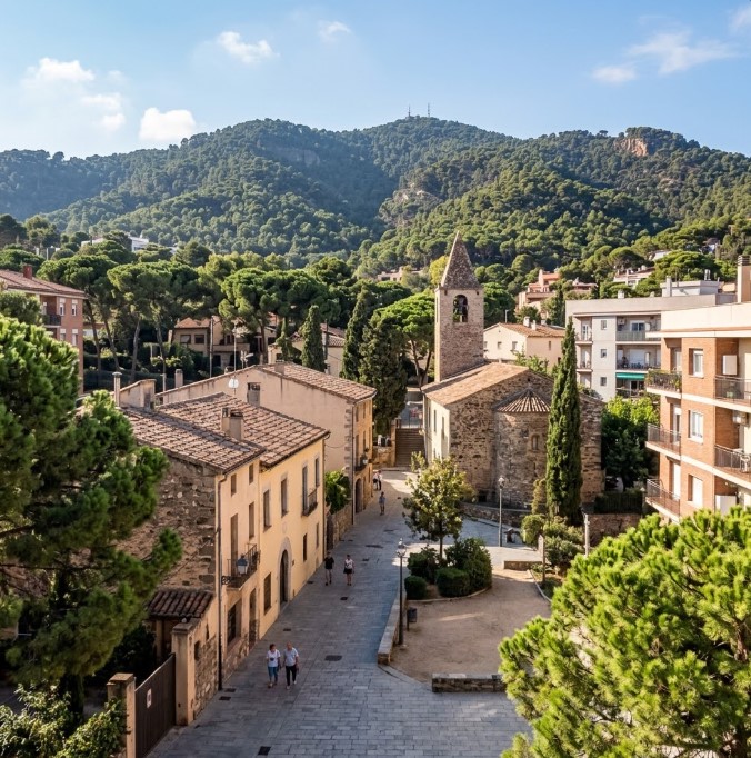 Vistas de las zonas peatonales, el casco antiguo y la majestuosa montaña de Collserola